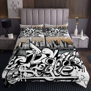 NEW Hippie Graffiti Style Skyline Queen Bedding Set Flat Sheet & 2 Pillow Cases